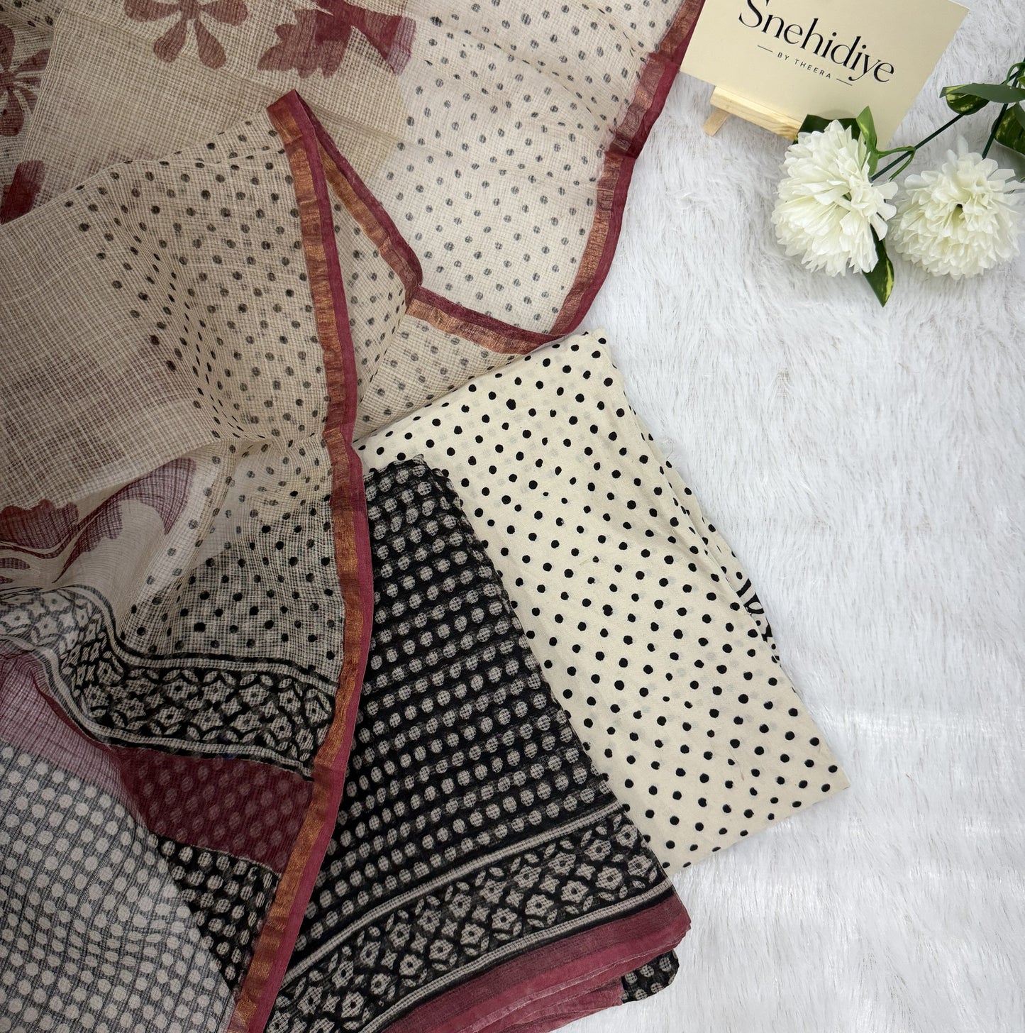 Beige, Black & Maroon Kurti Material
