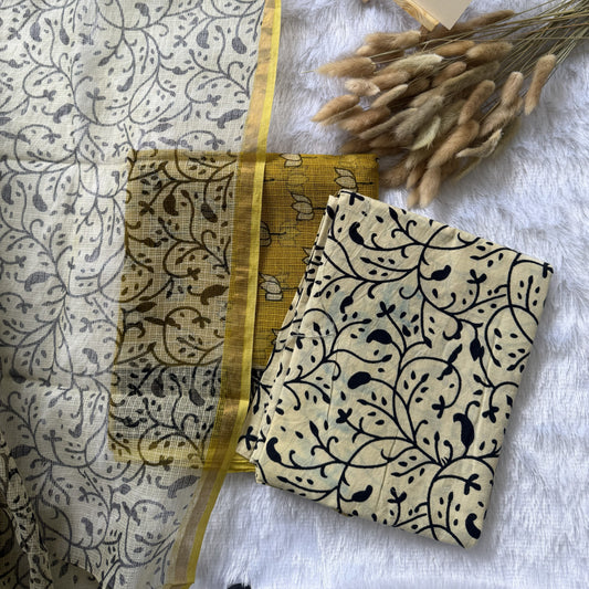 Mustard Yellow, Beige & Black Kurti Set
