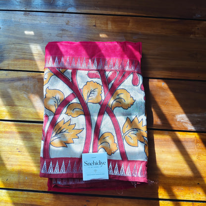 Red Mangalagiri Silk with Kalamkari Border