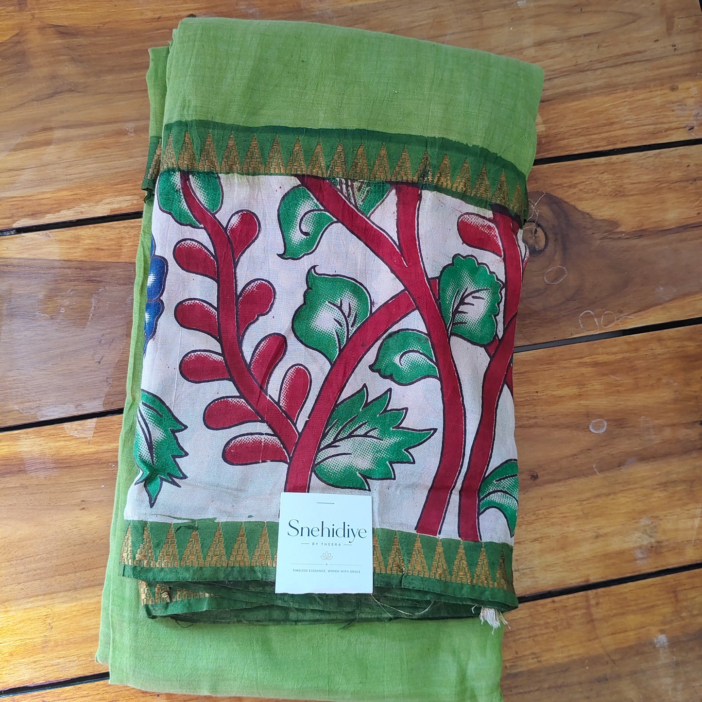 Green Mangalagiri Silk with Kalamkari Border