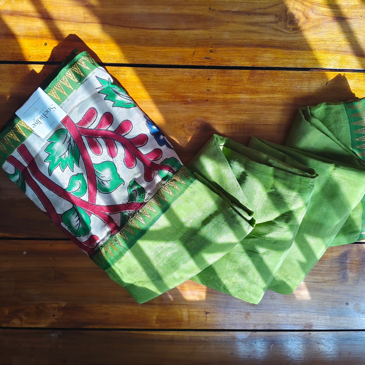 Green Mangalagiri Silk with Kalamkari Border