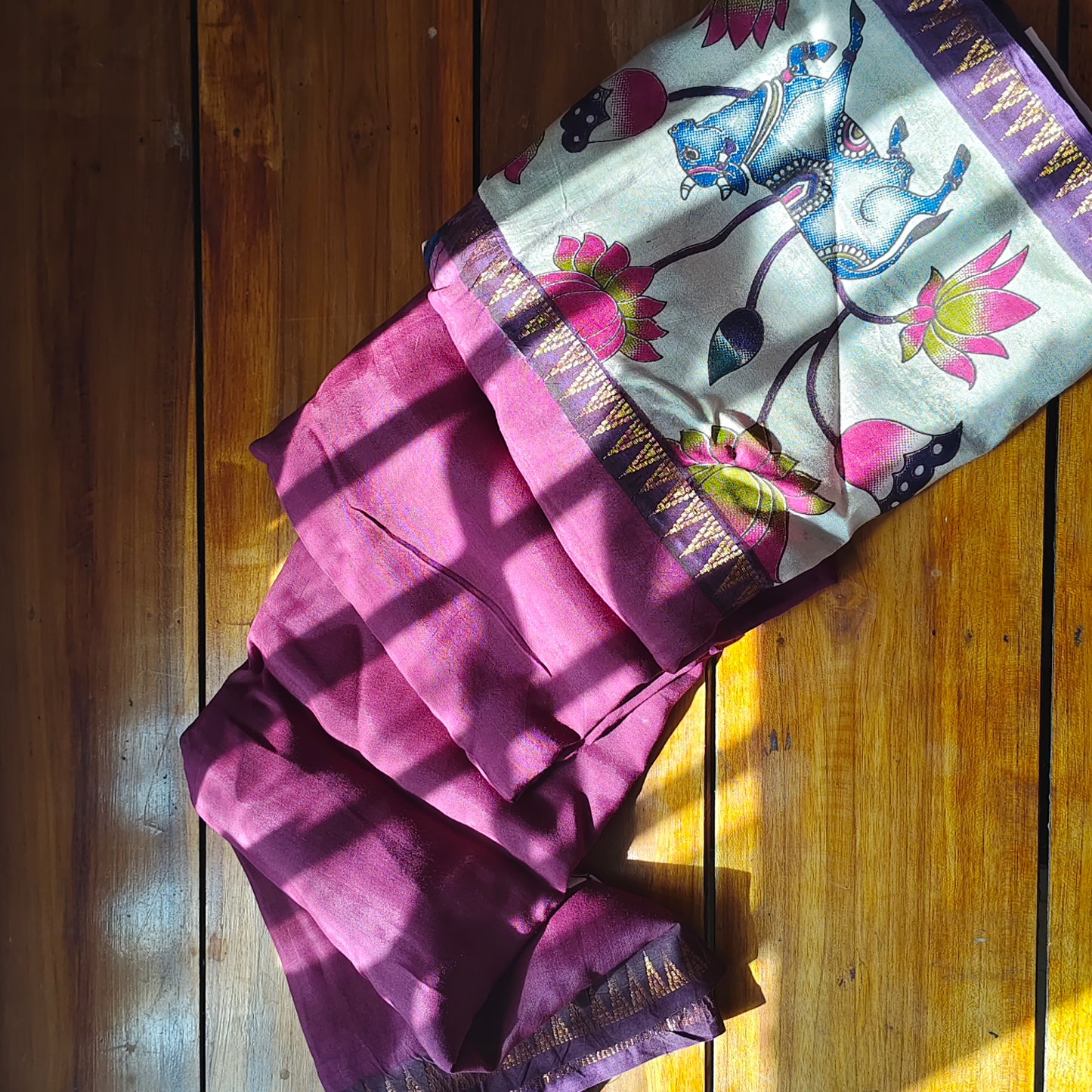 Wine Mangalagiri Silk with Kalamkari Border