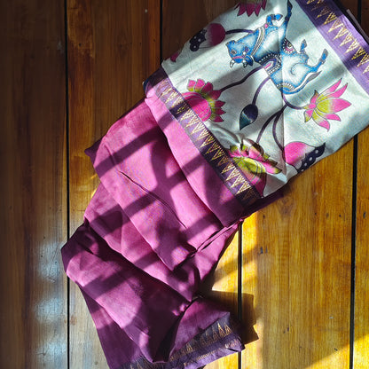 Wine Mangalagiri Silk with Kalamkari Border