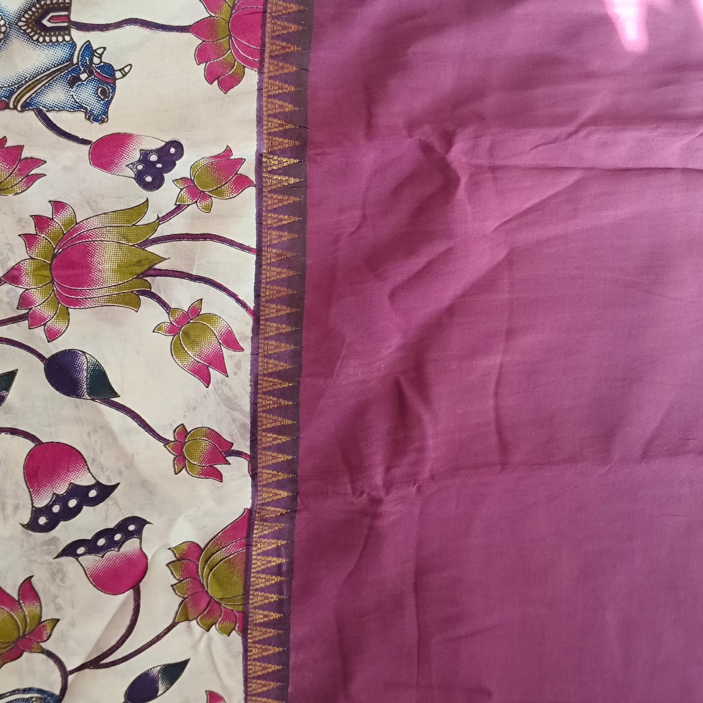 Wine Mangalagiri Silk with Kalamkari Border